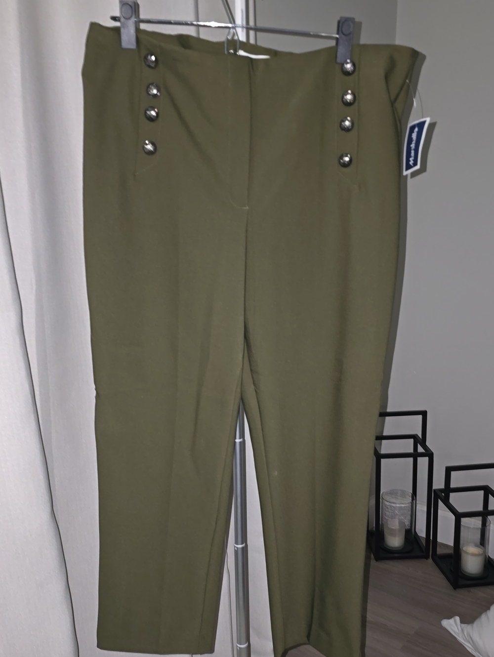High-Waist Olive Straight-Leg Pants with Button Accents